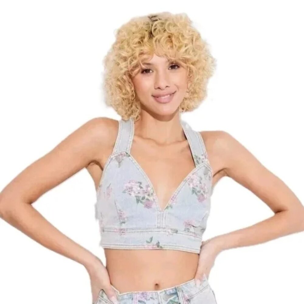 Wild Fable Floral Denim Crop Top Vest Women's Size Small